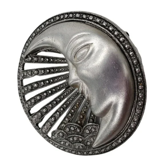 Vtg Man in the Moon Brooch Pin Signed Tona Pewter Silver Tone Faux Marquisite - Picture 4 of 9
